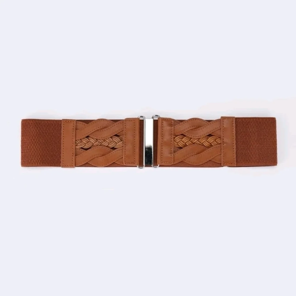 Brown Stretch Wide Waist Belt Boho Western Faux Leather Braided Statement